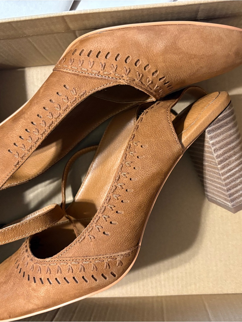 Lucky Brand Cognac Brown Leather Block Heel Slingbacks
